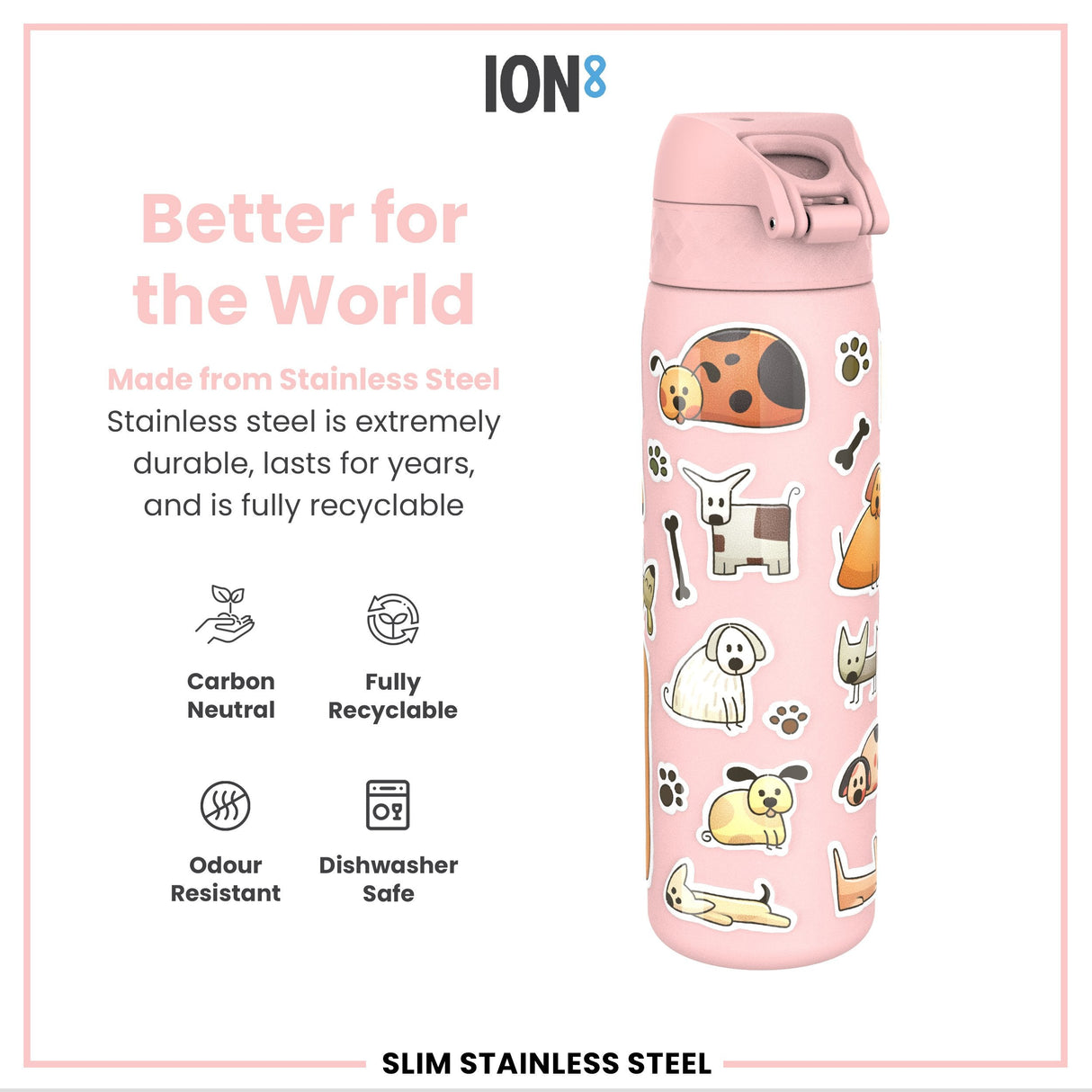 ION8 Leak Proof Slim Water Bottle, Stainless Steel, Dogs, 600ml (20oz)