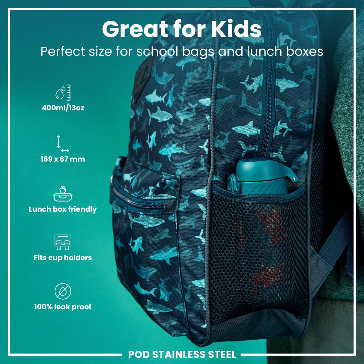 ION8 Leak Proof Kids Water Bottle, Stainless Steel, Red Pandas, 400ml (13oz)