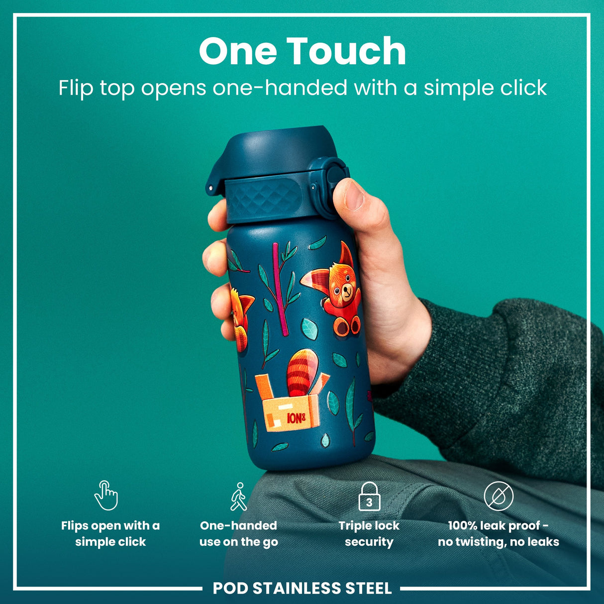 ION8 Leak Proof Kids Water Bottle, Stainless Steel, Red Pandas, 400ml (13oz)