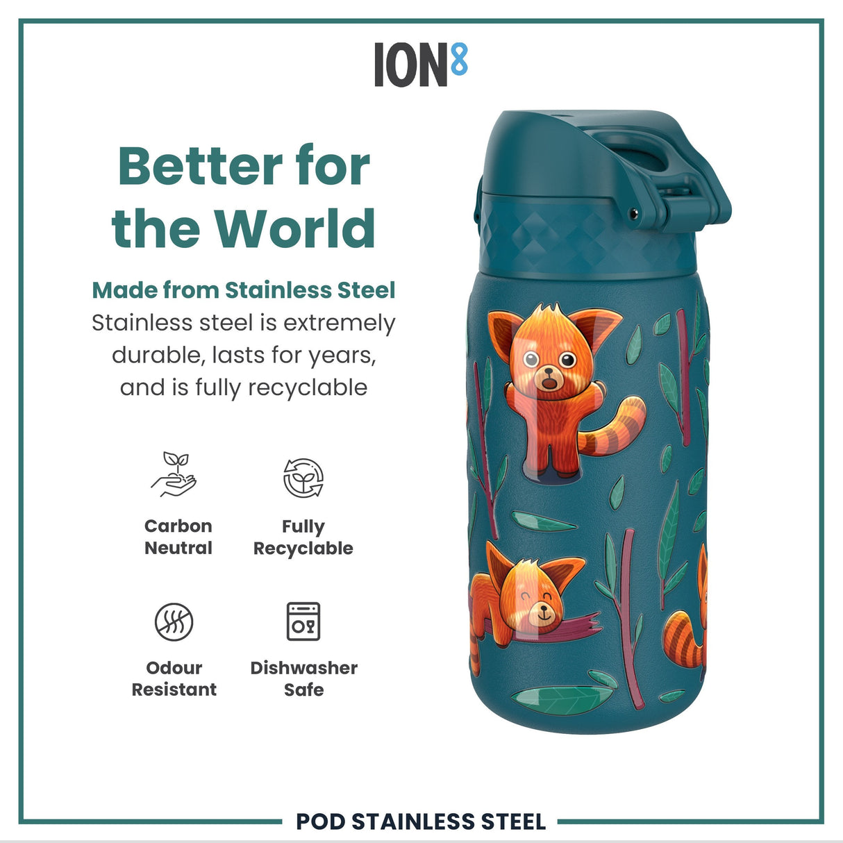 ION8 Leak Proof Kids Water Bottle, Stainless Steel, Red Pandas, 400ml (13oz)