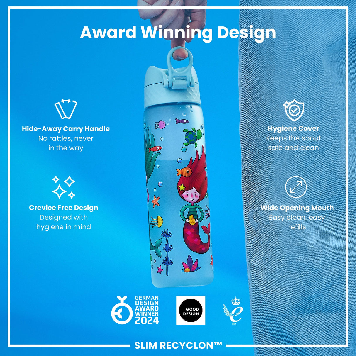 ION8 Leak Proof Slim Water Bottle, Recyclon, Mermaids, 500ml (18oz)