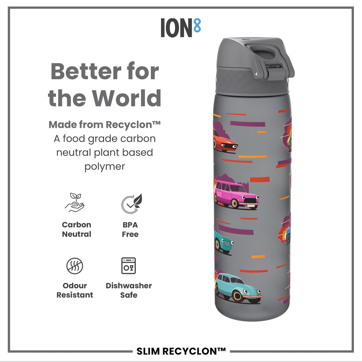 ION8 Leak Proof Slim Water Bottle, Recyclon, Sport Cars, 500ml (18oz)