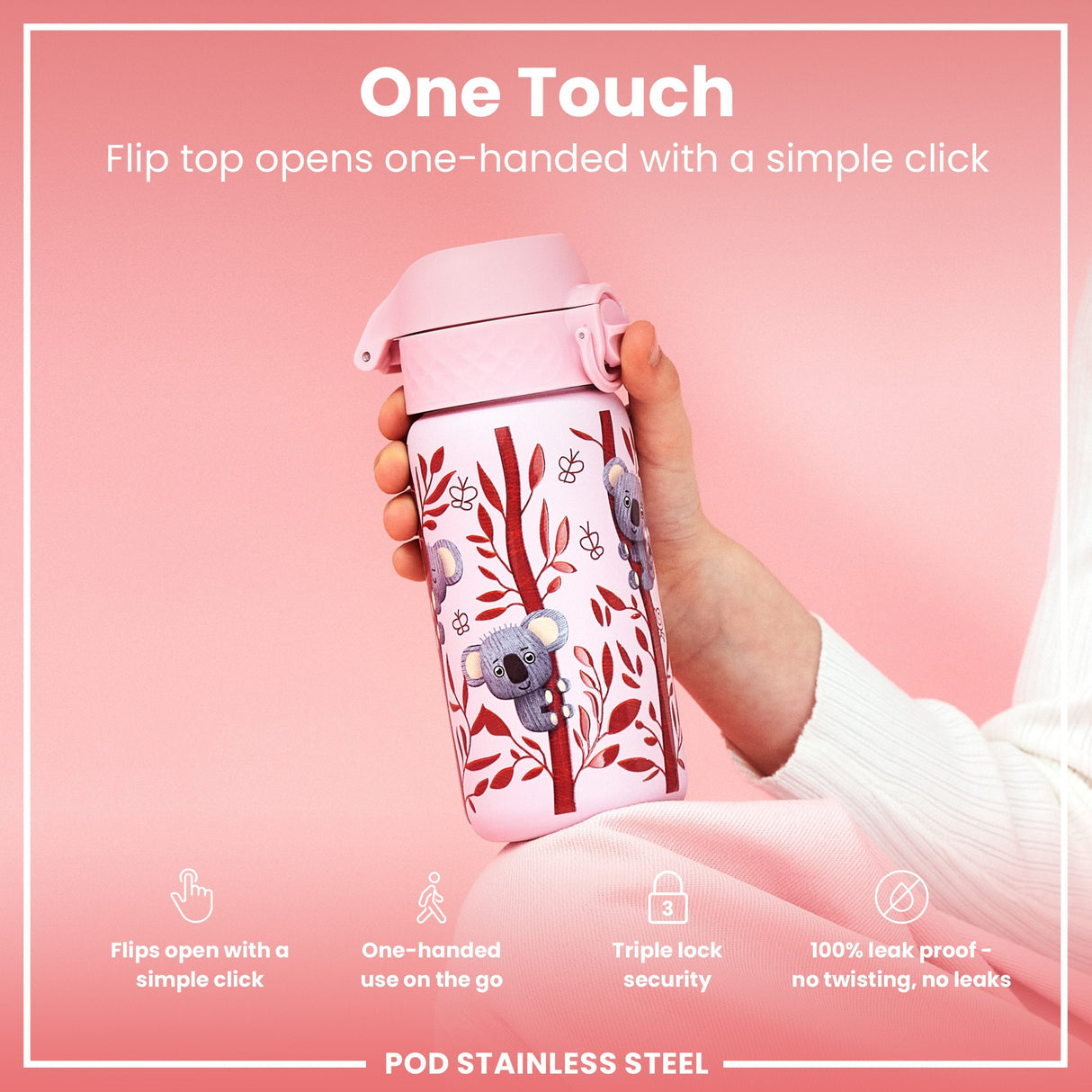 ION8 Leak Proof Kids Water Bottle, Stainless Steel, Koalas, 400ml (13oz)