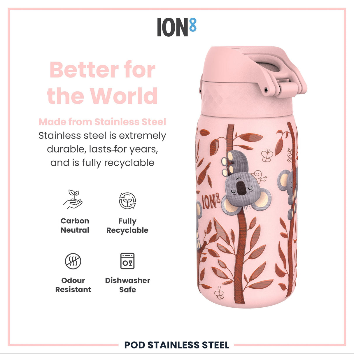 ION8 Leak Proof Kids Water Bottle, Stainless Steel, Koalas, 400ml (13oz)