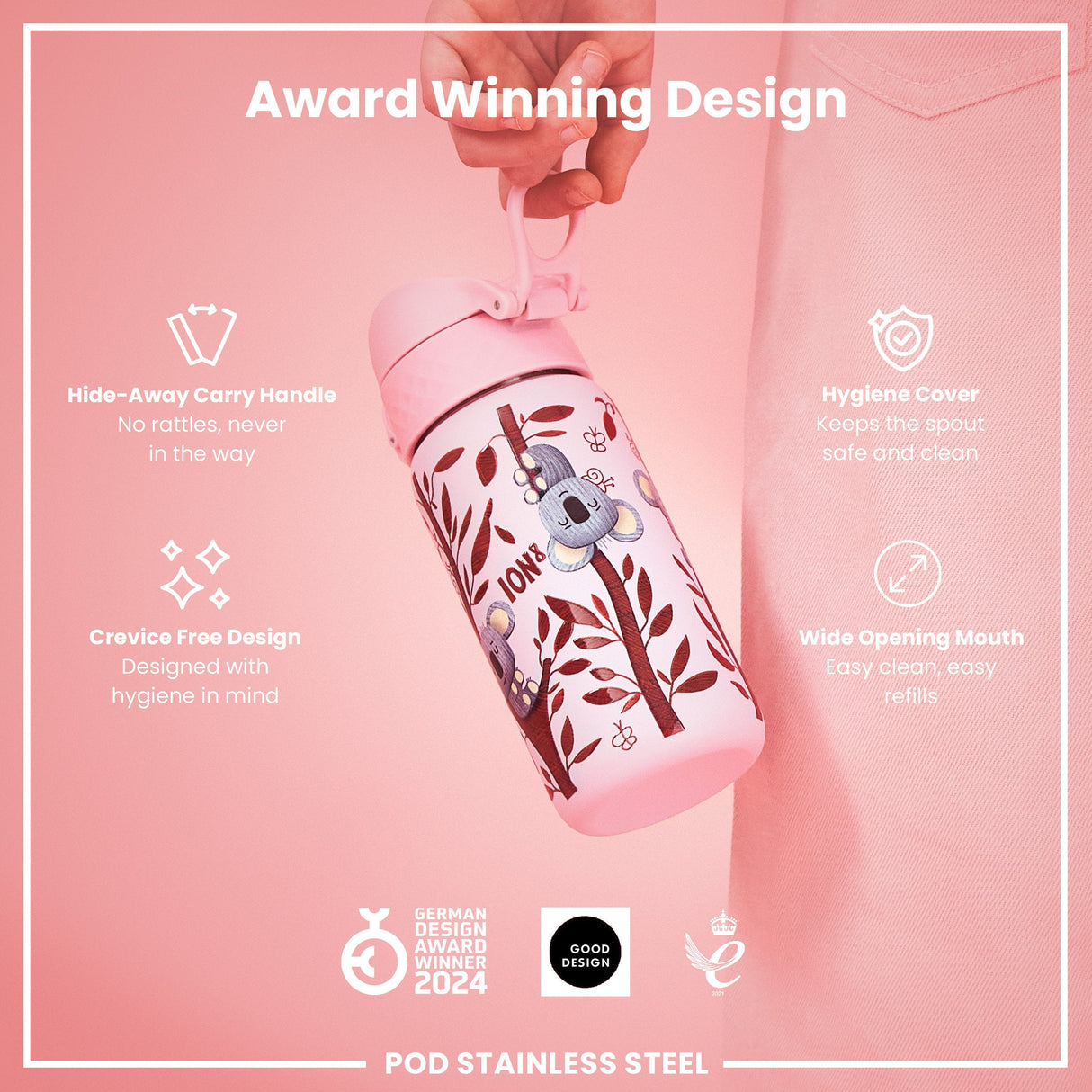 ION8 Leak Proof Kids Water Bottle, Stainless Steel, Koalas, 400ml (13oz)