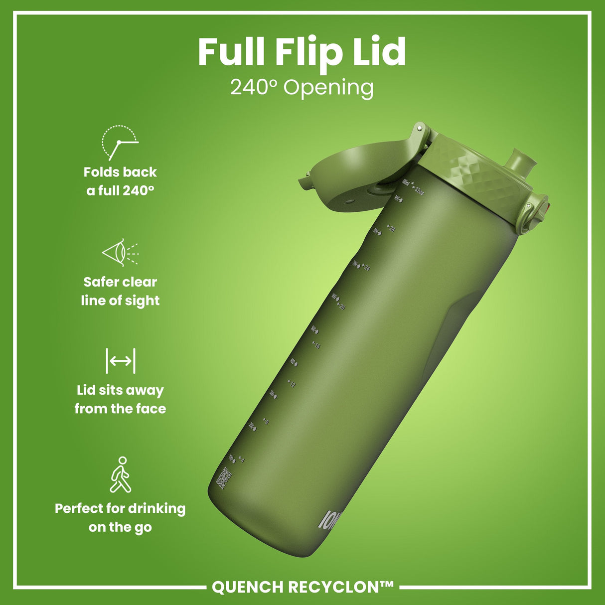 ION8 Leak Proof 1 litre Water Bottle, Recyclon, Khaki Green, 1L