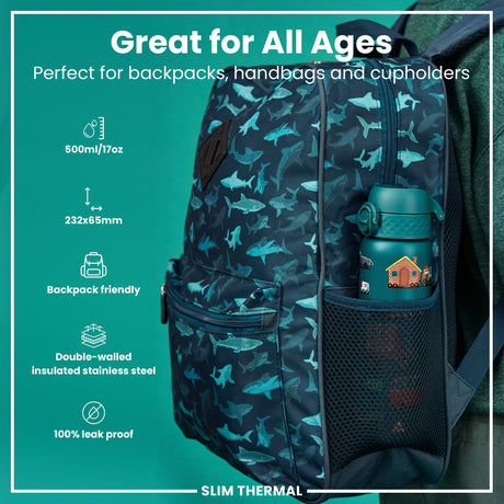 ION8 Leak Proof Slim Thermal Steel Water Bottle, Insulated, Automobiles, 500ml (17oz)