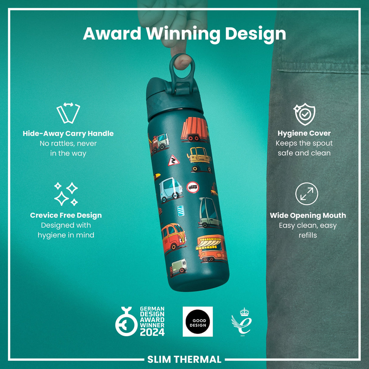 ION8 Leak Proof Slim Thermal Steel Water Bottle, Insulated, Automobiles, 500ml (17oz)