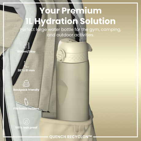 ION8 Leak Proof 1 litre Water Bottle, Recyclon, Creamy White, 1L