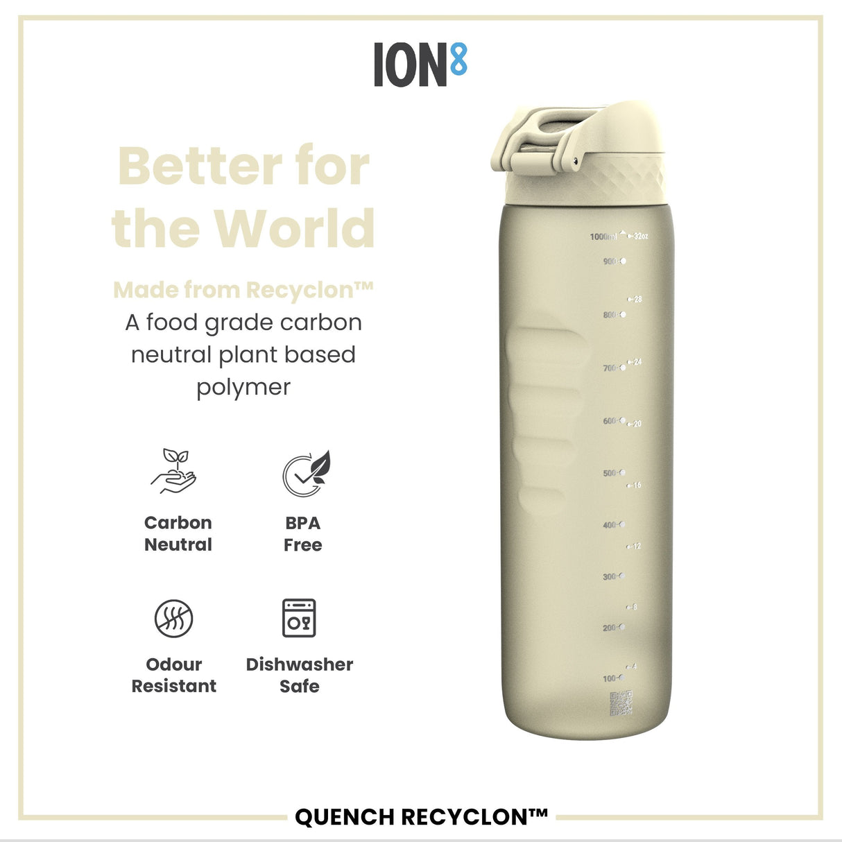 ION8 Leak Proof 1 litre Water Bottle, Recyclon, Creamy White, 1L