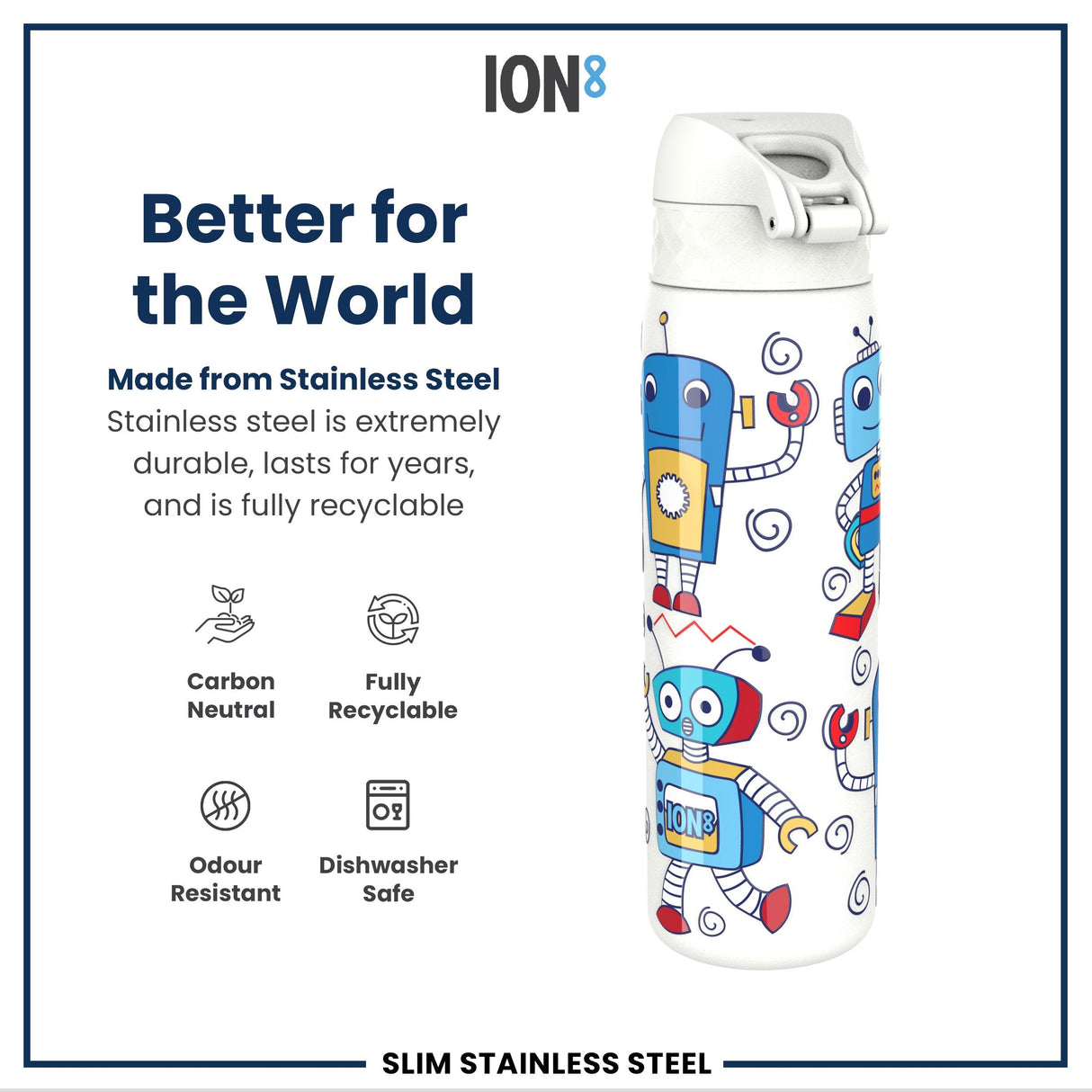 ION8 Leak Proof Slim Water Bottle, Stainless Steel, Robots, 600ml (20oz)