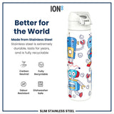 ION8 Leak Proof Slim Water Bottle, Stainless Steel, Robots, 600ml (20oz)