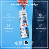 ION8 Leak Proof Slim Water Bottle, Stainless Steel, Robots, 600ml (20oz)
