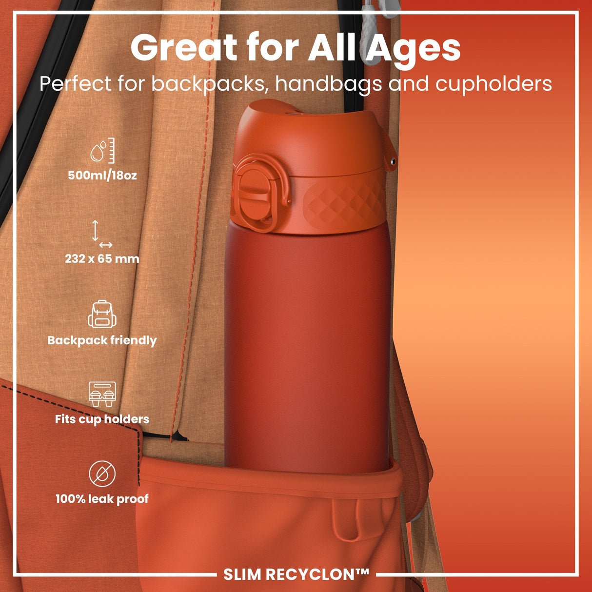 ION8 Leak Proof Slim Water Bottle, Recyclon, Hearty Orange, 500ml (18oz)