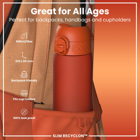 ION8 Leak Proof Slim Water Bottle, Recyclon, Hearty Orange, 500ml (18oz)