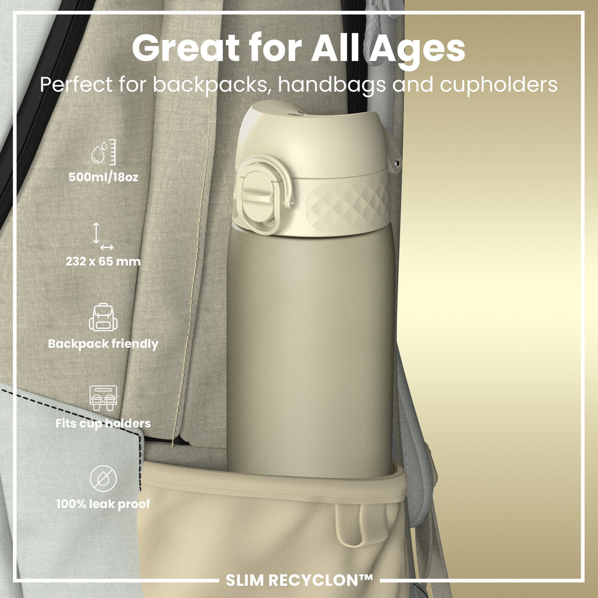 ION8 Leak Proof Slim Water Bottle, Recyclon, Creamy White, 500ml (18oz)