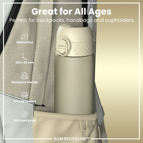 ION8 Leak Proof Slim Water Bottle, Recyclon, Creamy White, 500ml (18oz)