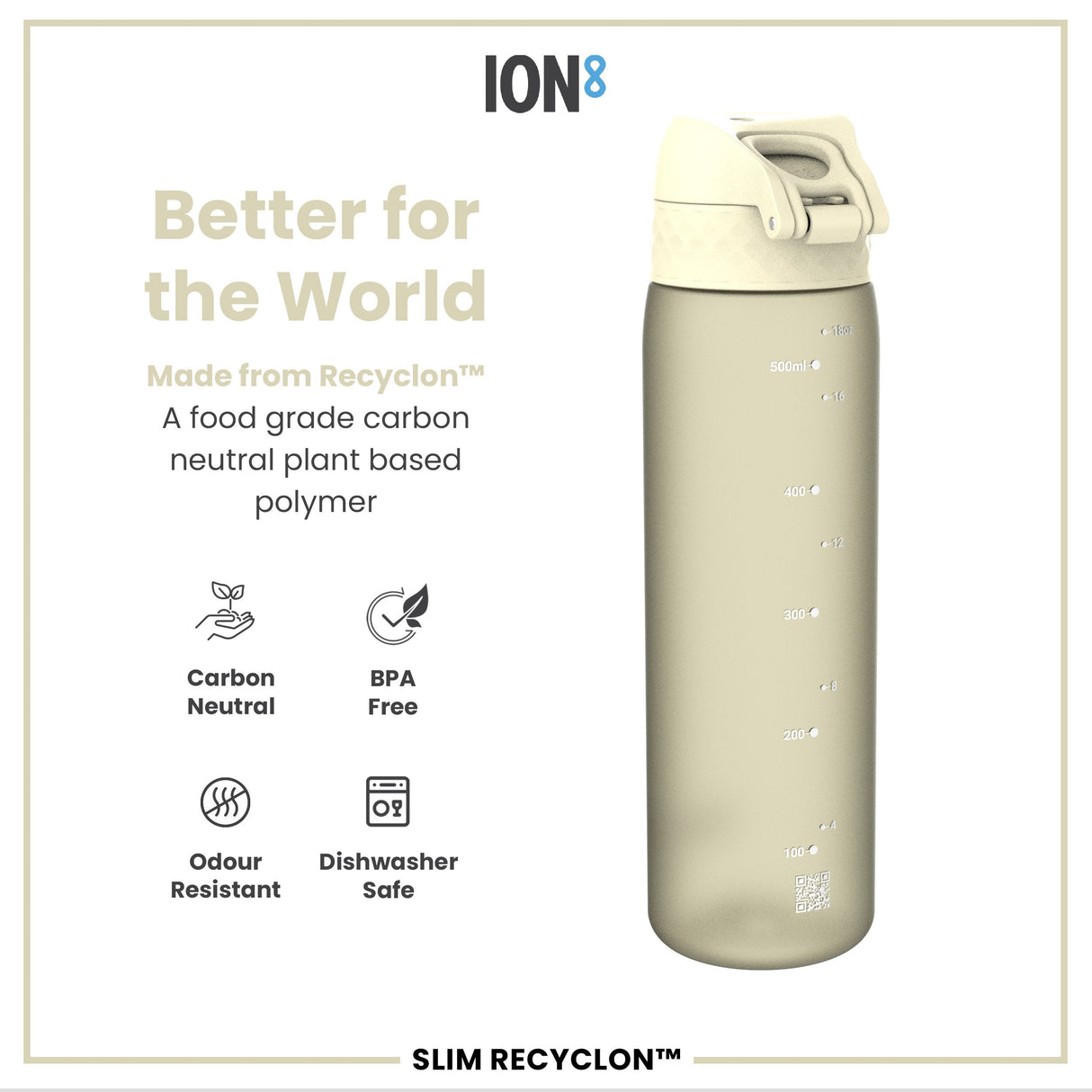 ION8 Leak Proof Slim Water Bottle, Recyclon, Creamy White, 500ml (18oz)