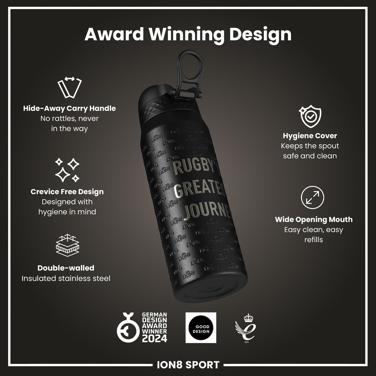 Lions X ION8 Insulated Steel Water Bottle, British & Irish Lions, 750ml (24oz)