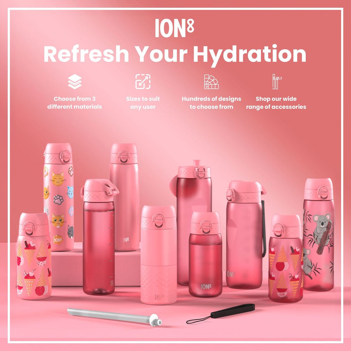 ION8 Leak Proof Slim Thermal Steel Water Bottle, Insulated, Cats, 500ml (17oz)