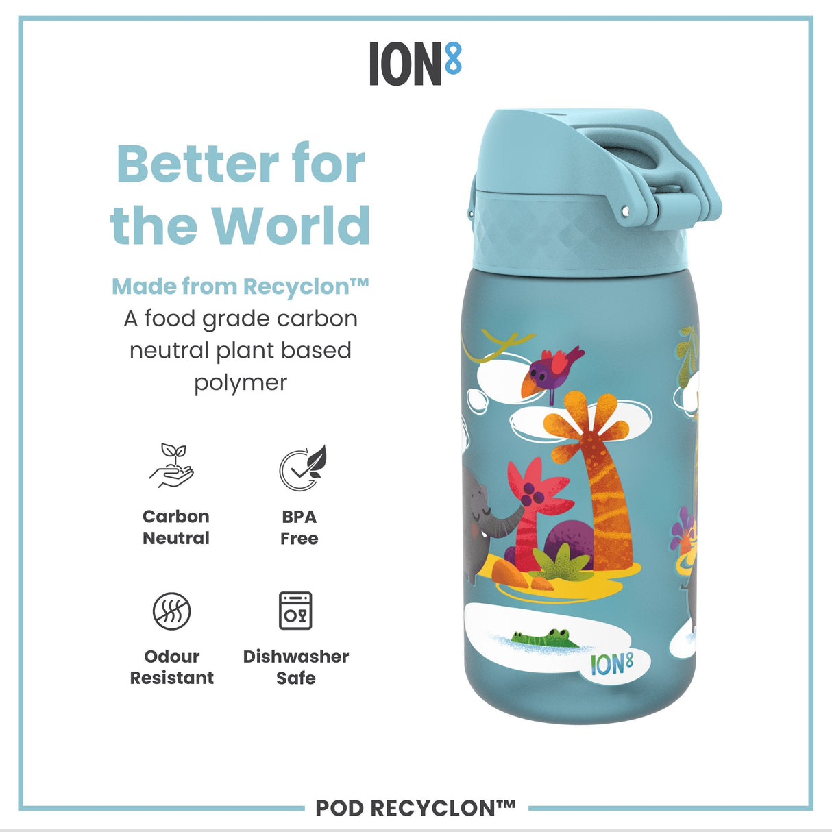 ION8 Leak Proof Kids Water Bottle, Recyclon, Safari, 350ml (12oz)