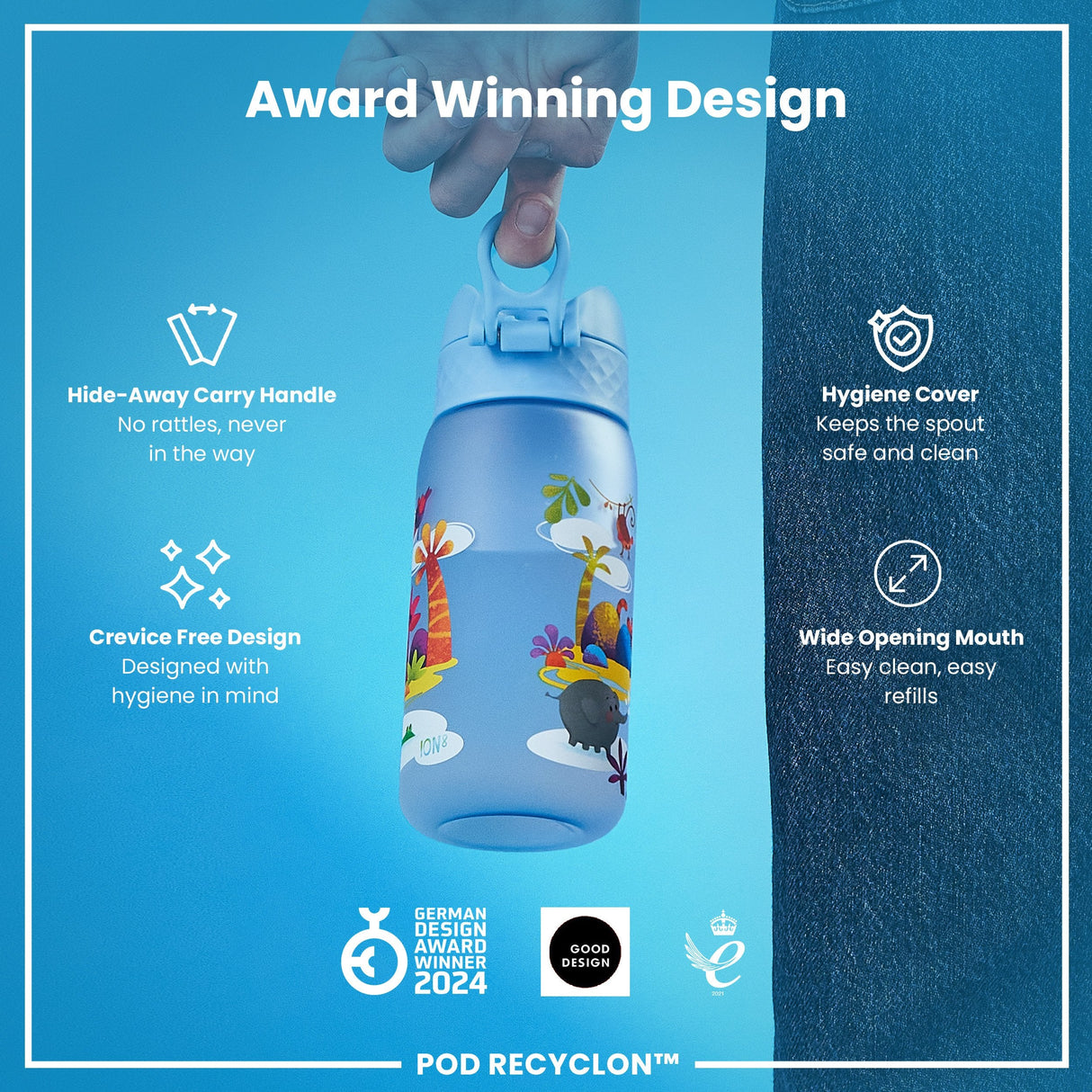 ION8 Leak Proof Kids Water Bottle, Recyclon, Safari, 350ml (12oz)