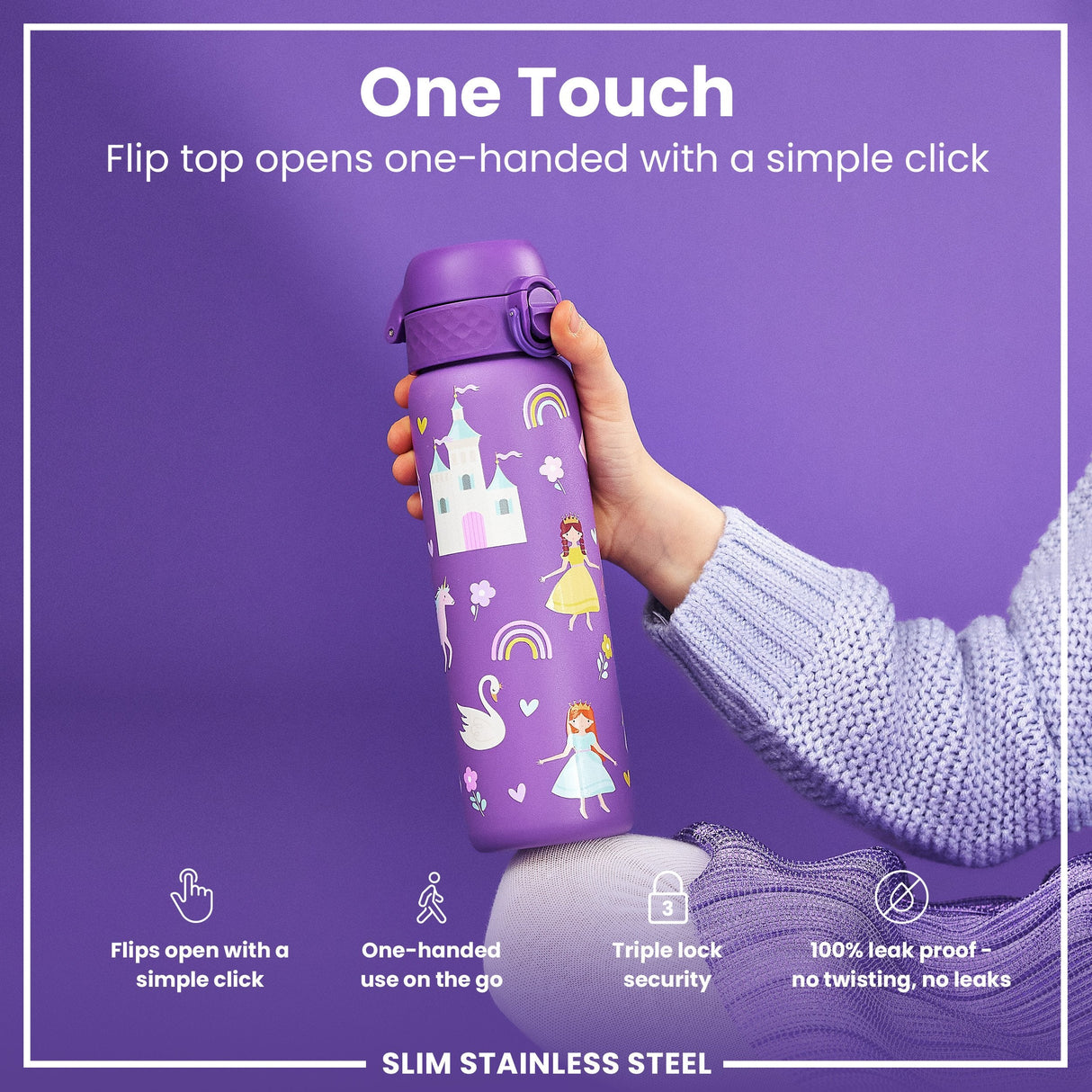 ION8 Leak Proof Slim Thermal Water Bottle, Insulated Steel, Princess, 500ml (17oz)