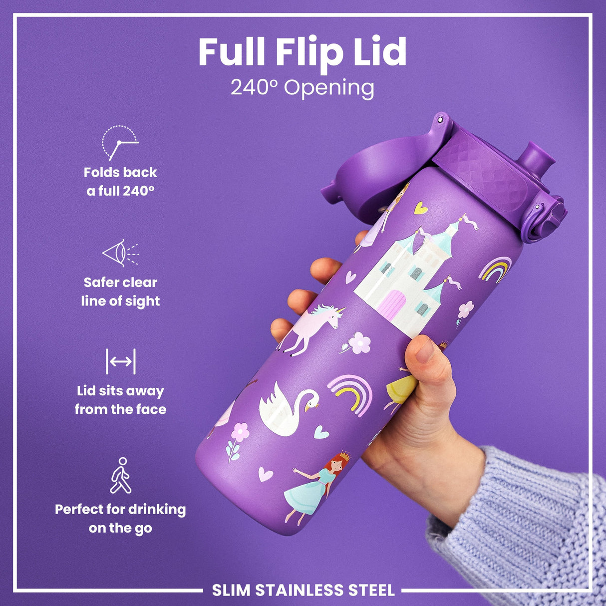ION8 Leak Proof Slim Thermal Water Bottle, Insulated Steel, Princess, 500ml (17oz)