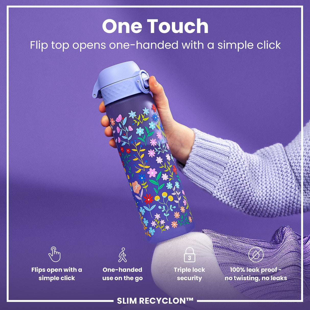 ION8 Leak Proof Slim Water Bottle, Recyclon, Ditsy Floral, 500ml (18oz)