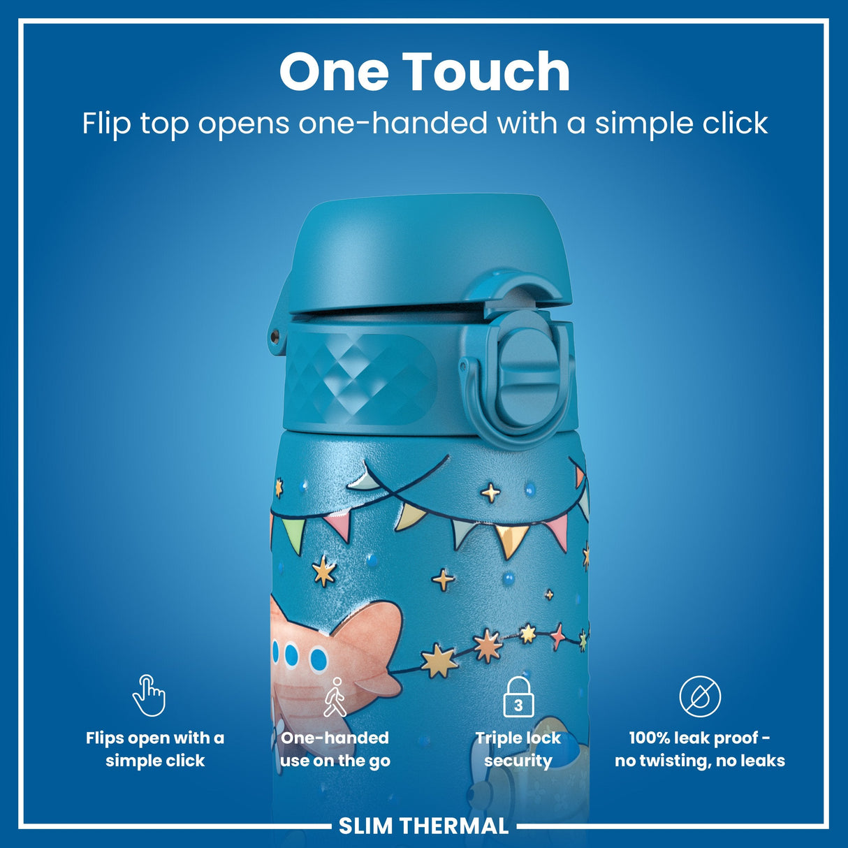 ION8 Leak Proof Slim Thermal Water Bottle, Insulated Steel, Airplanes, 500ml (17oz)