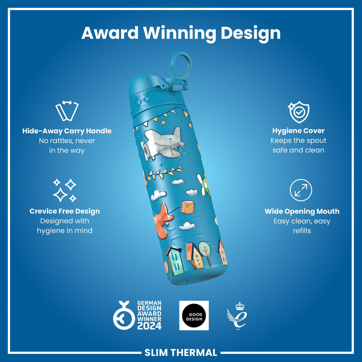 ION8 Leak Proof Slim Thermal Water Bottle, Insulated Steel, Airplanes, 500ml (17oz)