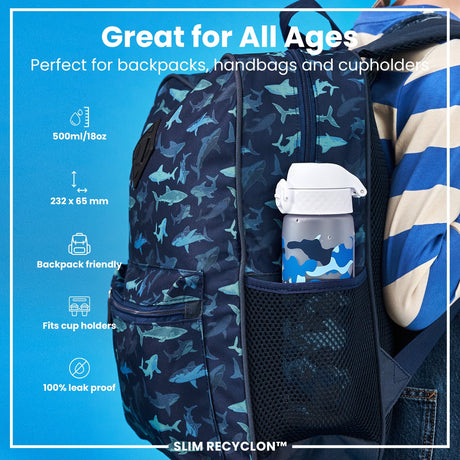 ION8 Leak Proof Slim Water Bottle, Recyclon, Camouflage, 500ml (18oz)