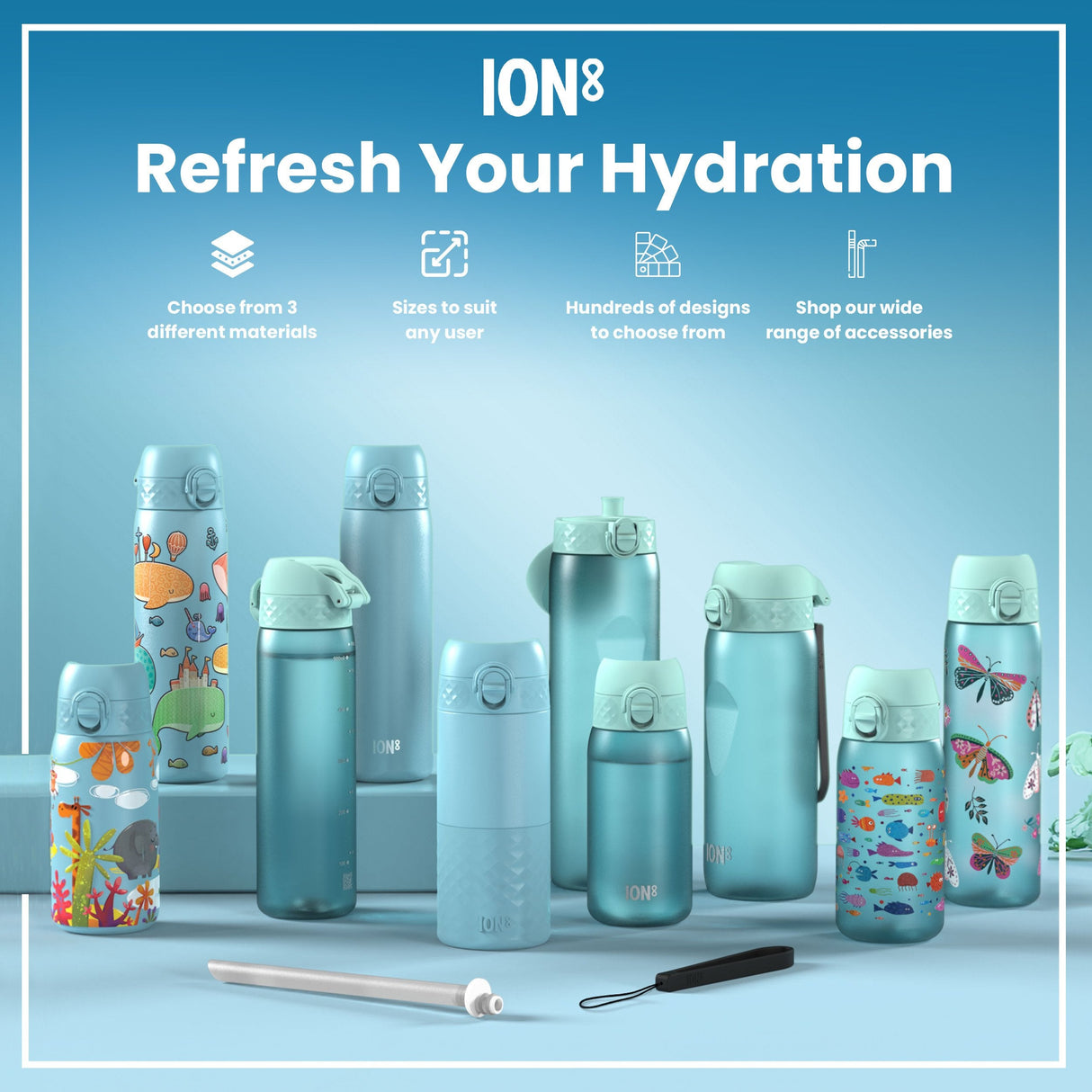ION8 Leak Proof Kids Water Bottle, Stainless Steel, Mermaids, 400ml (13oz)
