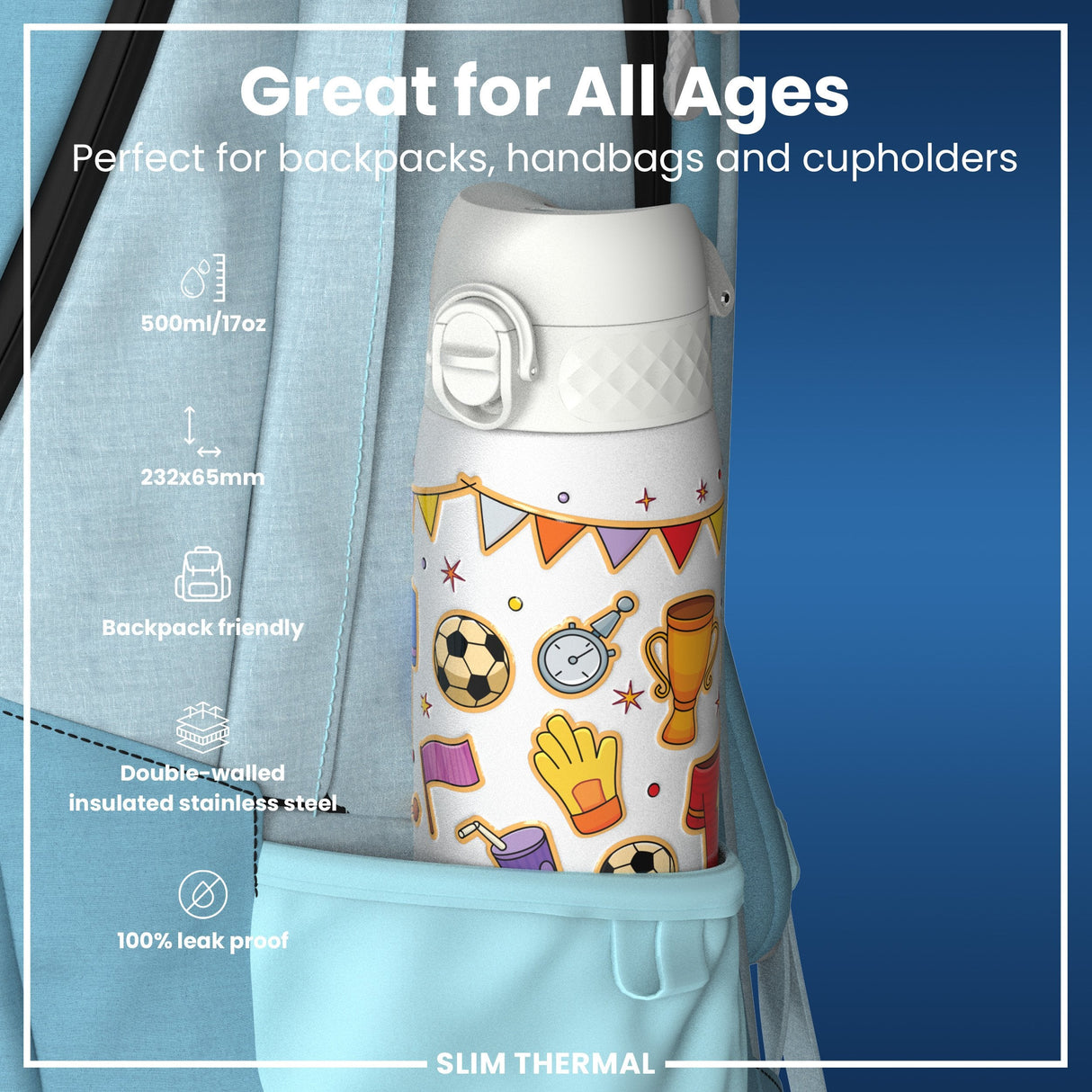 ION8 Leak Proof Slim Thermal Steel Water Bottle, Insulated, Football, 500ml (17oz)