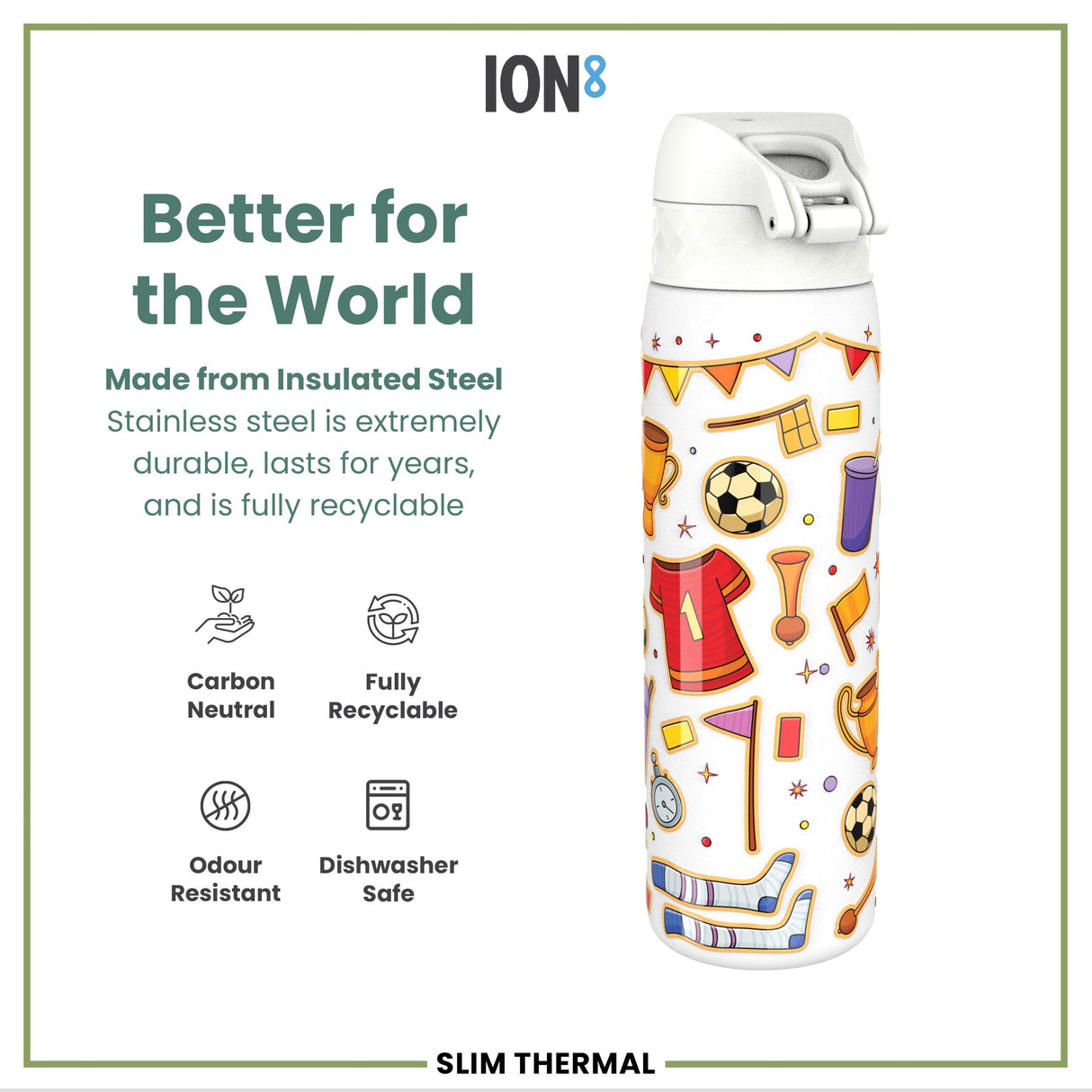 ION8 Leak Proof Slim Thermal Steel Water Bottle, Insulated, Football, 500ml (17oz)