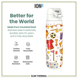 ION8 Leak Proof Slim Thermal Steel Water Bottle, Insulated, Football, 500ml (17oz)
