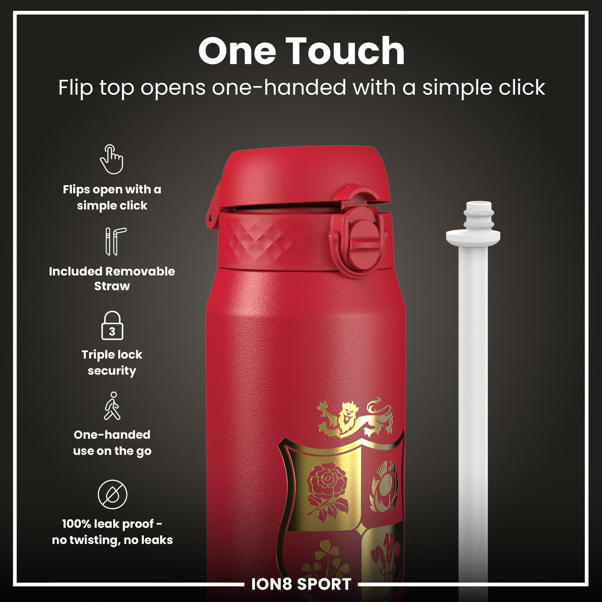 Lions X ION8 Insulated Steel Water Bottle, British & Irish Lions, Sea of Red, 750ml (24oz)