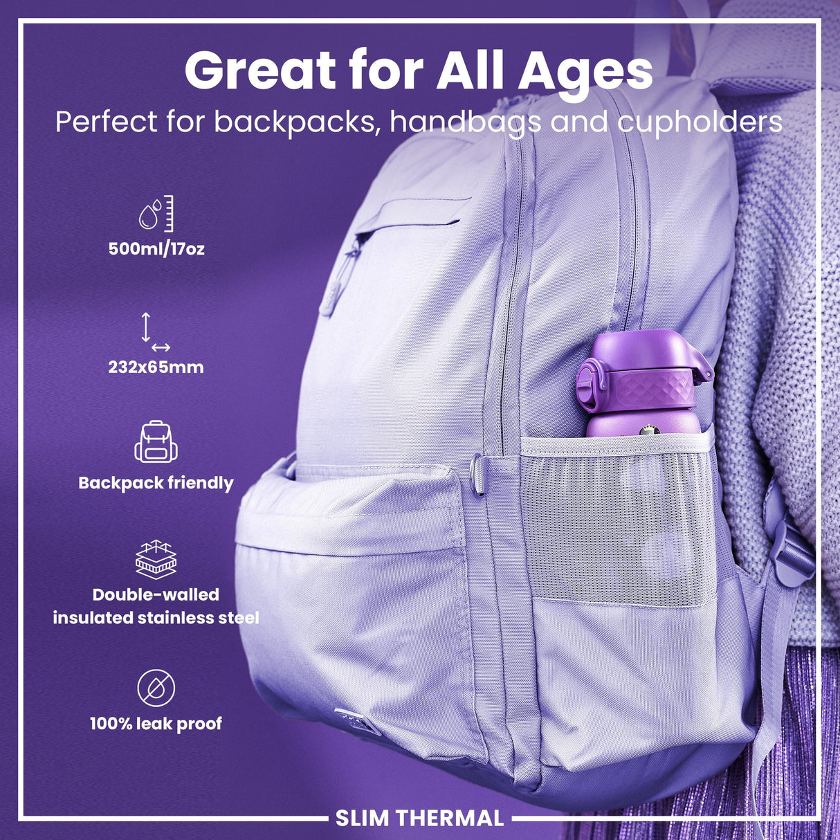 ION8 Leak Proof Slim Thermal Water Bottle, Insulated Steel, Princess, 500ml (17oz)
