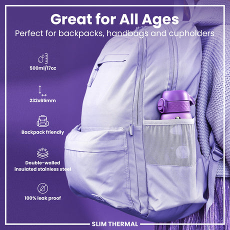 ION8 Leak Proof Slim Thermal Water Bottle, Insulated Steel, Princess, 500ml (17oz)