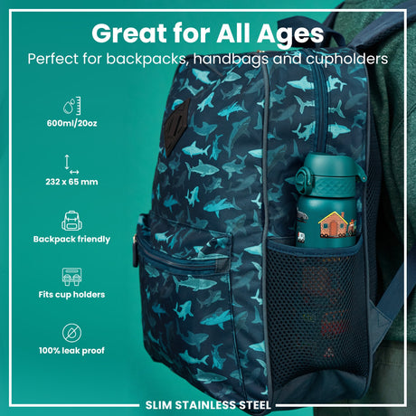 ION8 Leak Proof Slim Water Bottle, Stainless Steel, Automobiles, 600ml (20oz)