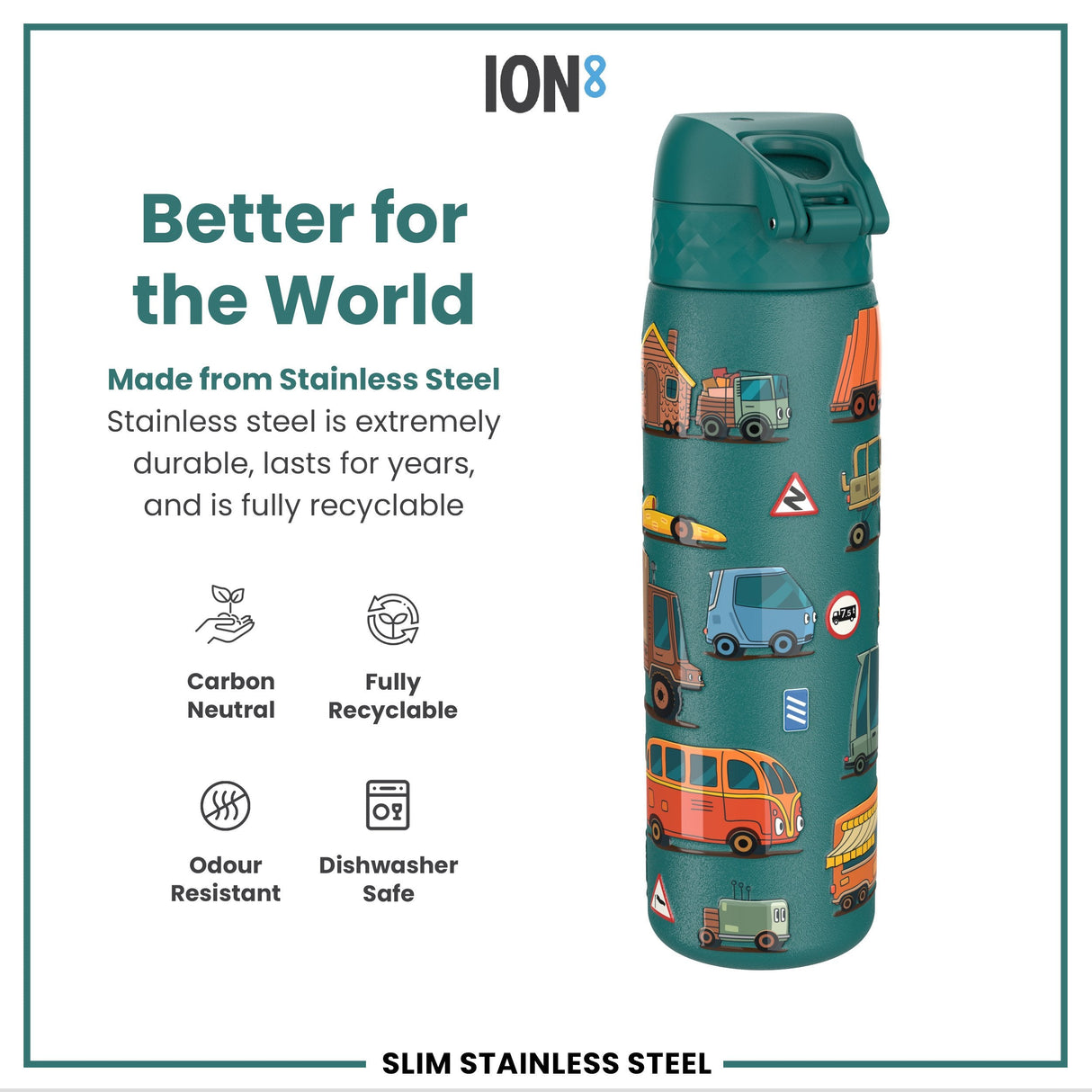 ION8 Leak Proof Slim Water Bottle, Stainless Steel, Automobiles, 600ml (20oz)