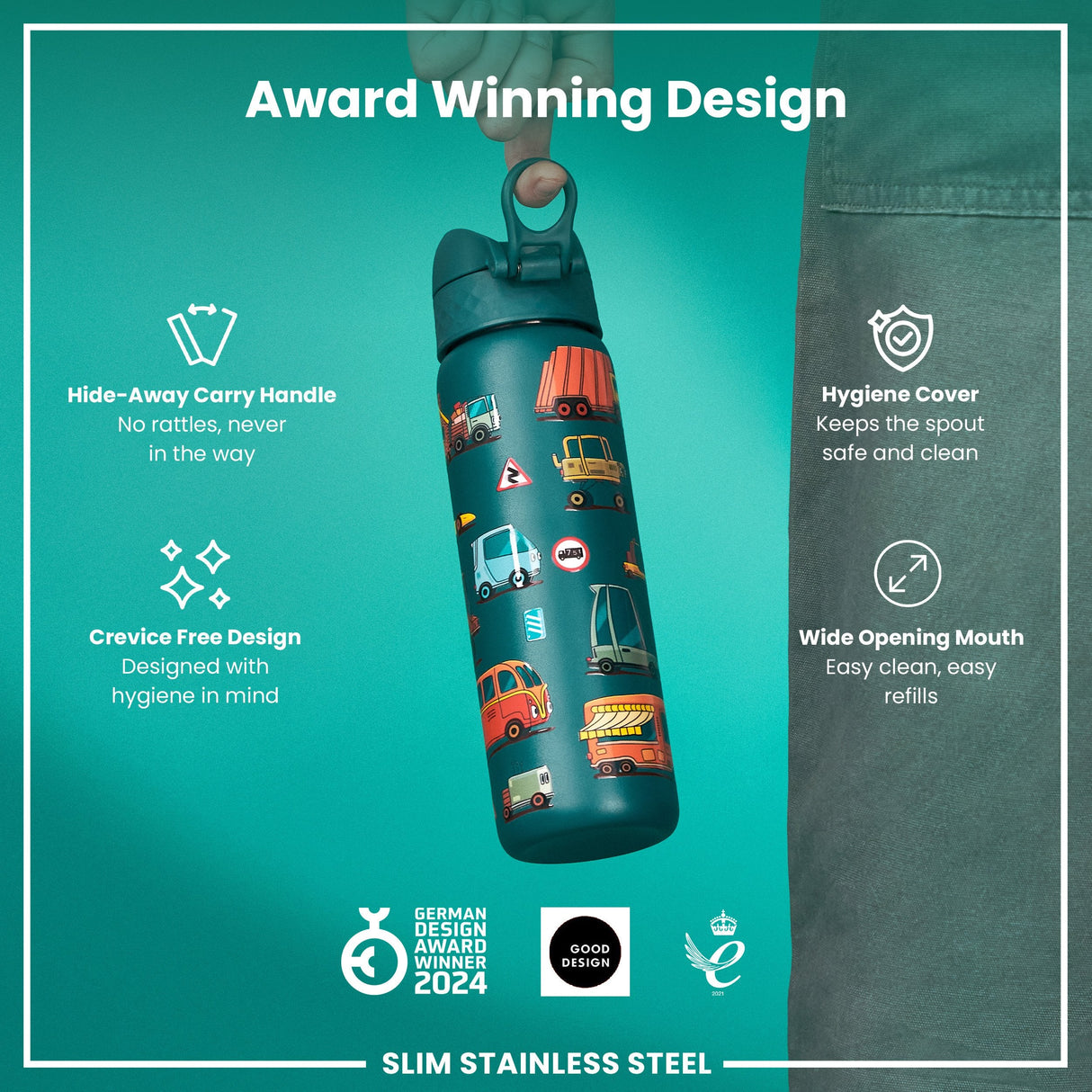 ION8 Leak Proof Slim Water Bottle, Stainless Steel, Automobiles, 600ml (20oz)