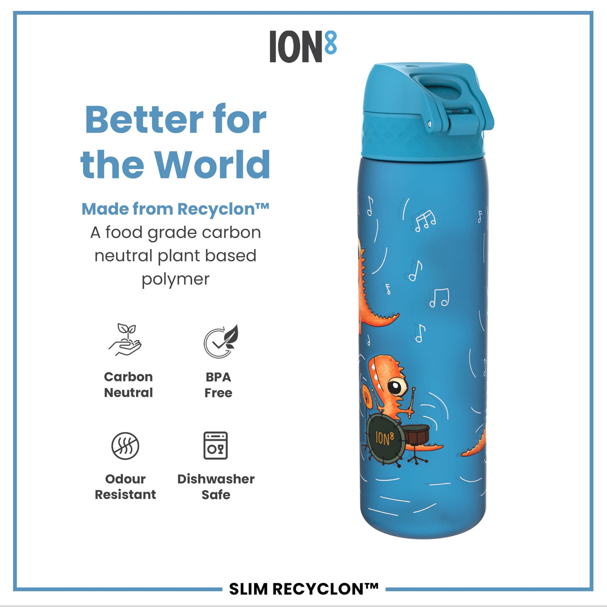 ION8 Leak Proof Slim Water Bottle, Recyclon, Dino Band, 500ml (18oz)