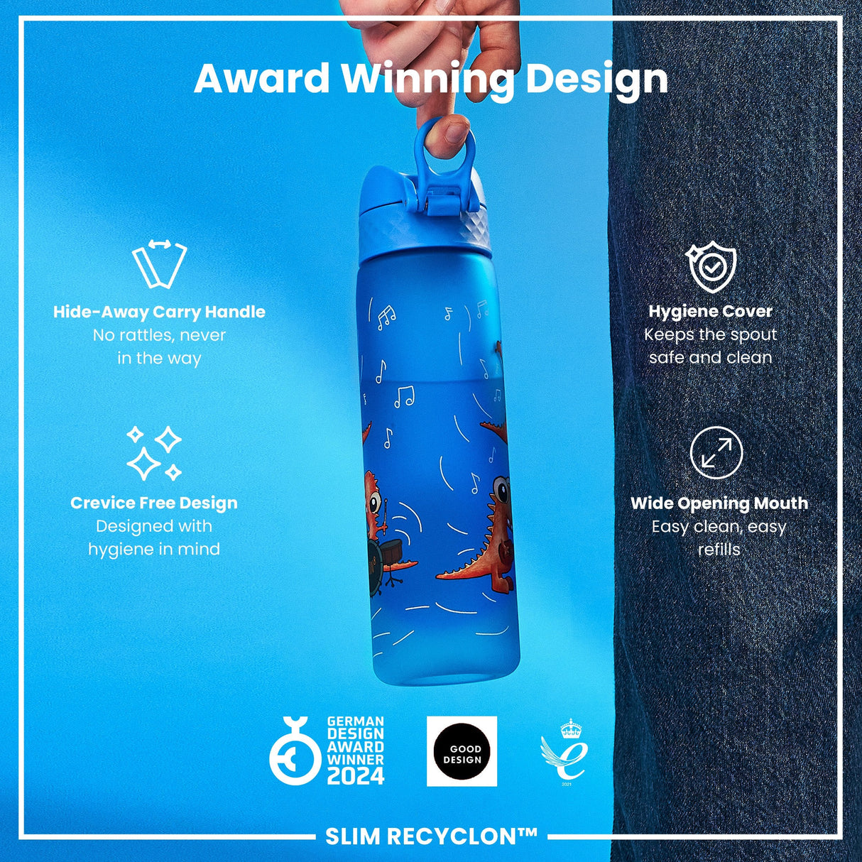 ION8 Leak Proof Slim Water Bottle, Recyclon, Dino Band, 500ml (18oz)