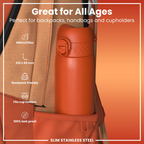 ION8 Leak Proof Slim Water Bottle, Stainless Steel, Hearty Orange, 600ml (20oz)