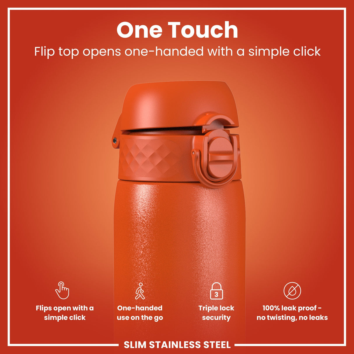 ION8 Leak Proof Slim Water Bottle, Stainless Steel, Hearty Orange, 600ml (20oz)