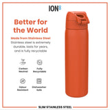 ION8 Leak Proof Slim Water Bottle, Stainless Steel, Hearty Orange, 600ml (20oz)