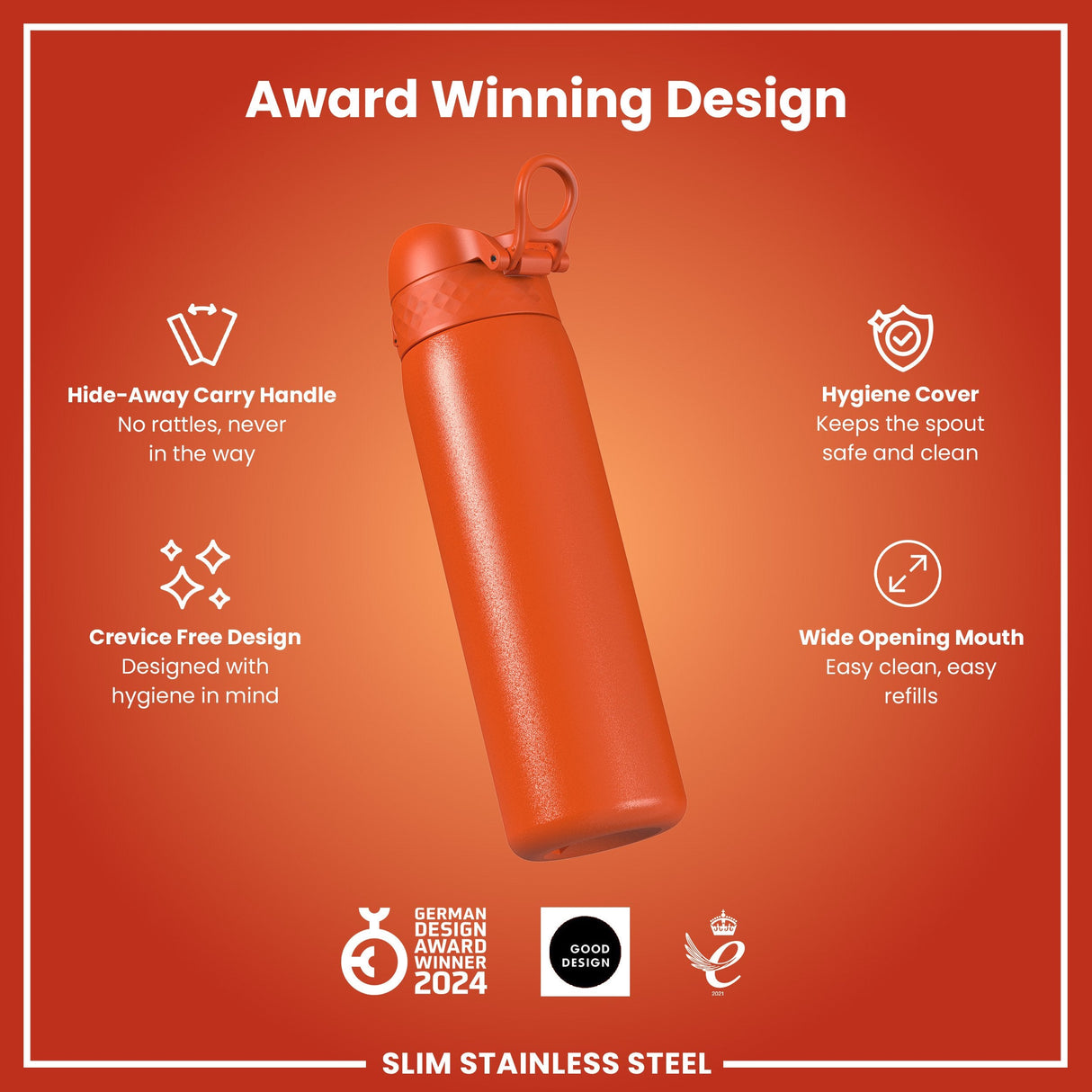 ION8 Leak Proof Slim Water Bottle, Stainless Steel, Hearty Orange, 600ml (20oz)