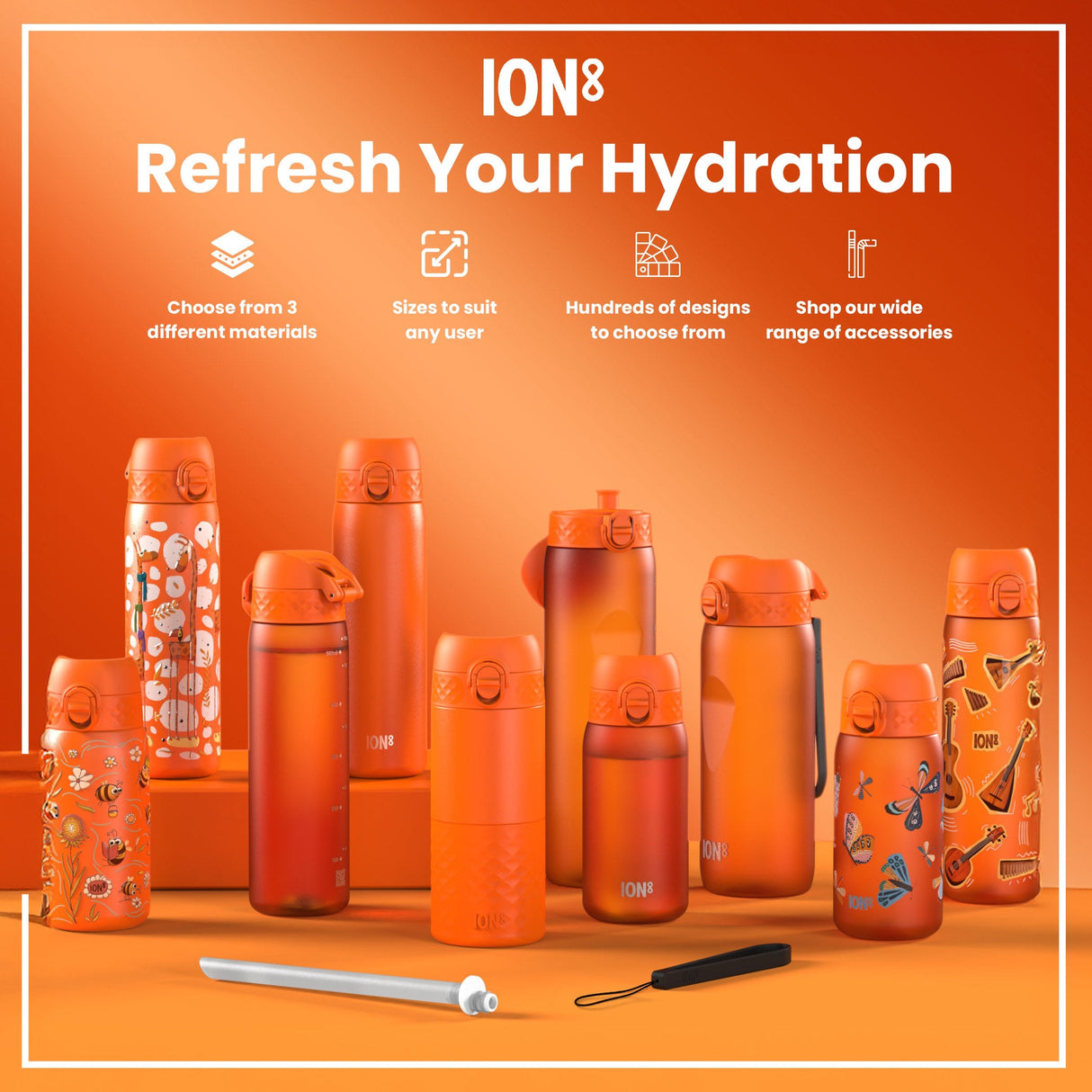 ION8 Leak Proof Slim Water Bottle, Stainless Steel, Hearty Orange, 600ml (20oz)
