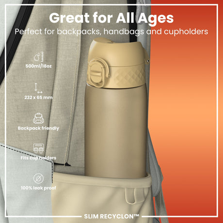 ION8 Leak Proof Slim Water Bottle, Recyclon, Desert, 500ml (18oz)
